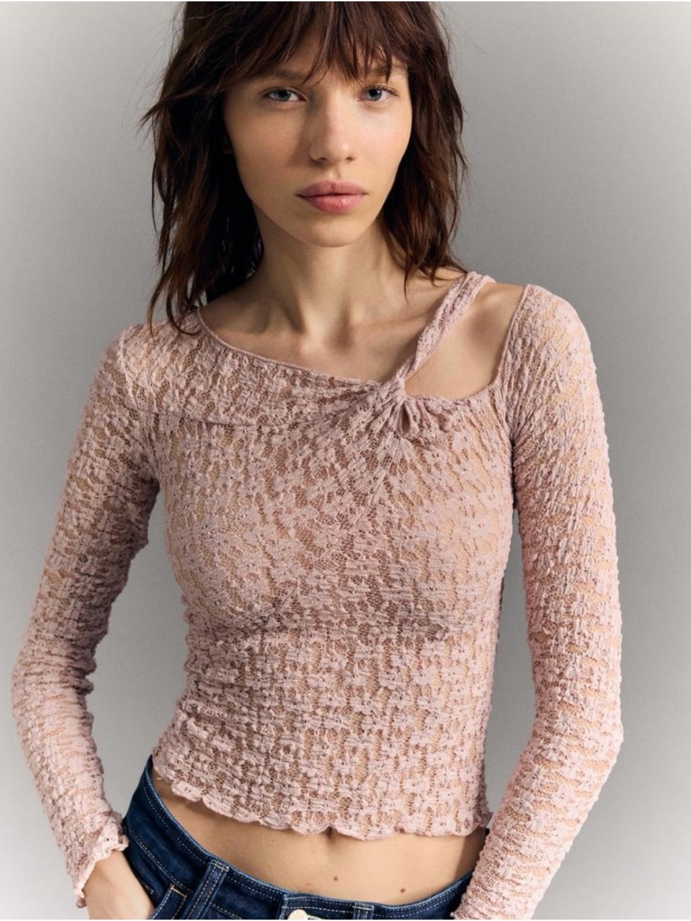 Bershka Dusty Pink Lace Long-Sleeve Tee